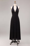 Chiffon Black A Line Pleated Halter Long Formal Dress