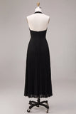 Chiffon Black A Line Pleated Halter Long Formal Dress