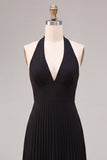 Chiffon Black A Line Pleated Halter Long Formal Dress