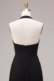 Chiffon Black A Line Pleated Halter Long Formal Dress