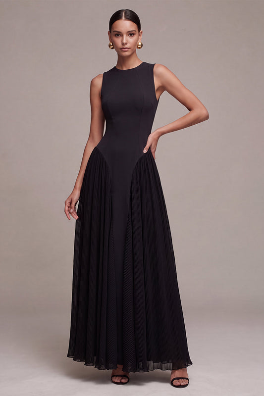 Black A Line Simple Round Neck Pleated Long Formal Dress