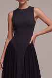 Black A Line Simple Round Neck Pleated Long Formal Dress