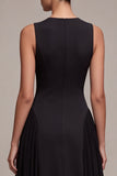 Black A Line Simple Round Neck Pleated Long Formal Dress