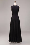 Black A Line Simple Round Neck Pleated Long Formal Dress