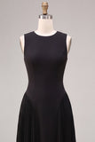 Black A Line Simple Round Neck Pleated Long Formal Dress