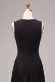 Black A Line Simple Round Neck Pleated Long Formal Dress