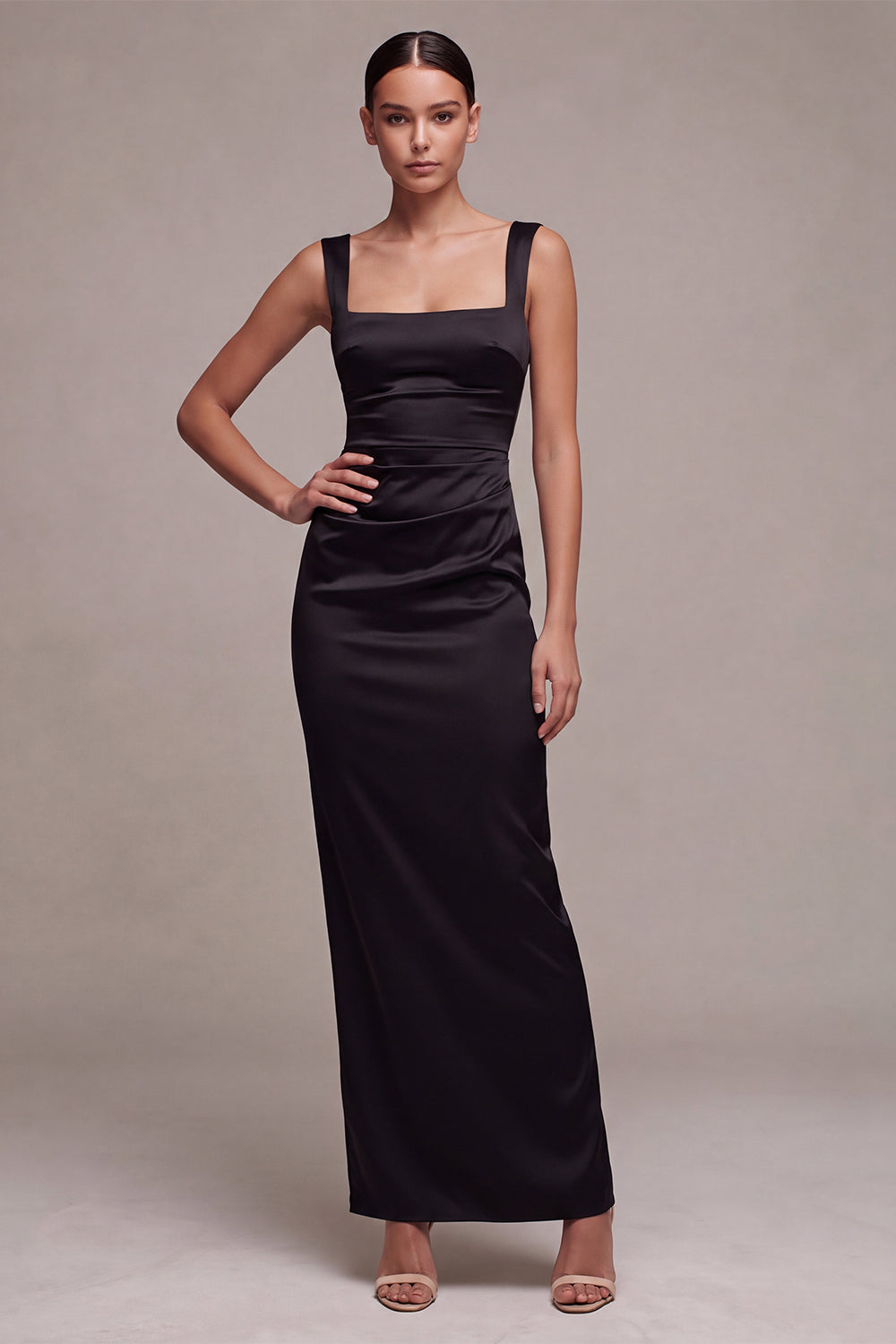 Black Sheath Satin Square Neck Ruched Long Formal Dress
