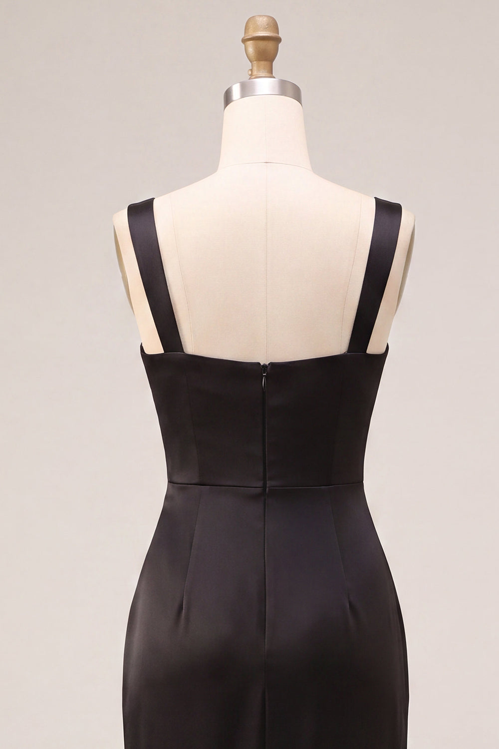 Black Sheath Satin Square Neck Ruched Long Formal Dress