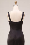 Black Sheath Satin Square Neck Ruched Long Formal Dress