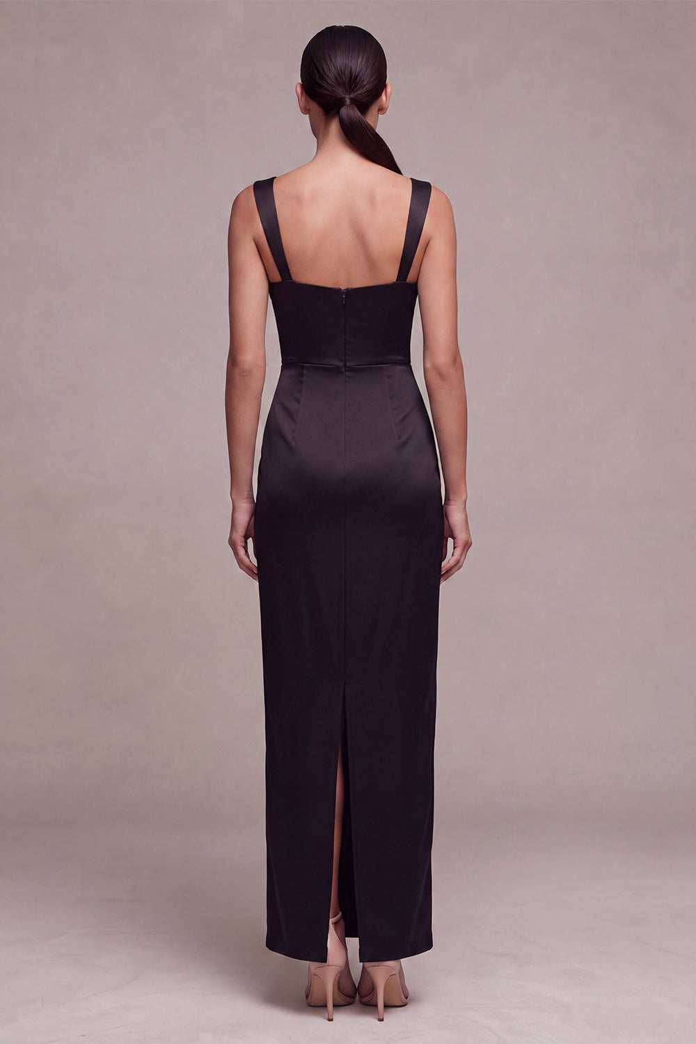 Black Sheath Satin Square Neck Ruched Long Formal Dress