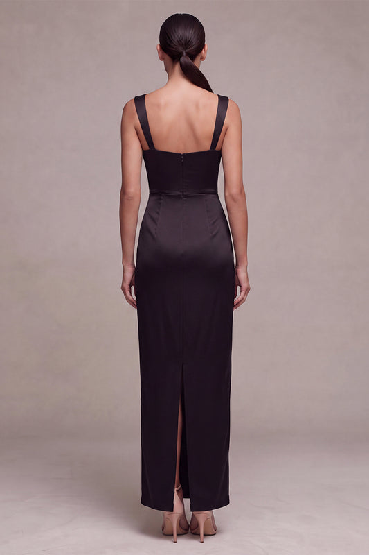 Black Sheath Satin Square Neck Ruched Long Formal Dress