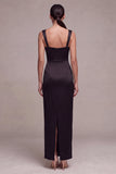 Black Sheath Satin Square Neck Ruched Long Formal Dress