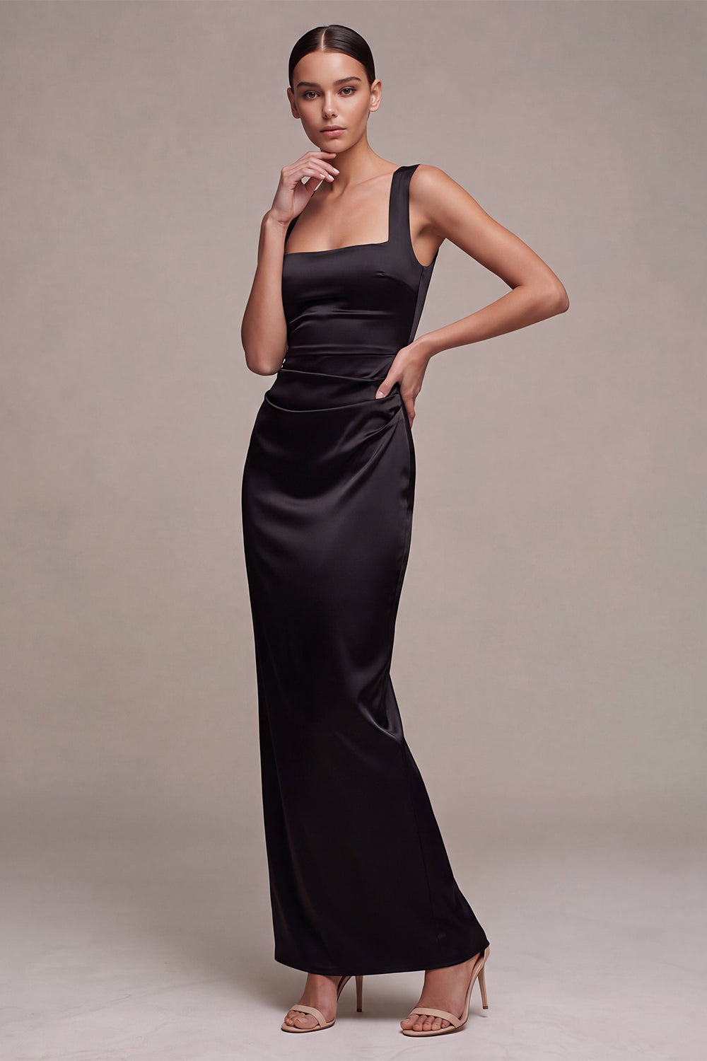 Black Sheath Satin Square Neck Ruched Long Formal Dress
