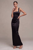 Black Sheath Satin Square Neck Ruched Long Formal Dress