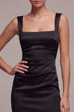 Black Sheath Satin Square Neck Ruched Long Formal Dress
