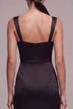 Black Sheath Satin Square Neck Ruched Long Formal Dress