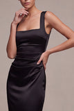 Black Sheath Satin Square Neck Ruched Long Formal Dress