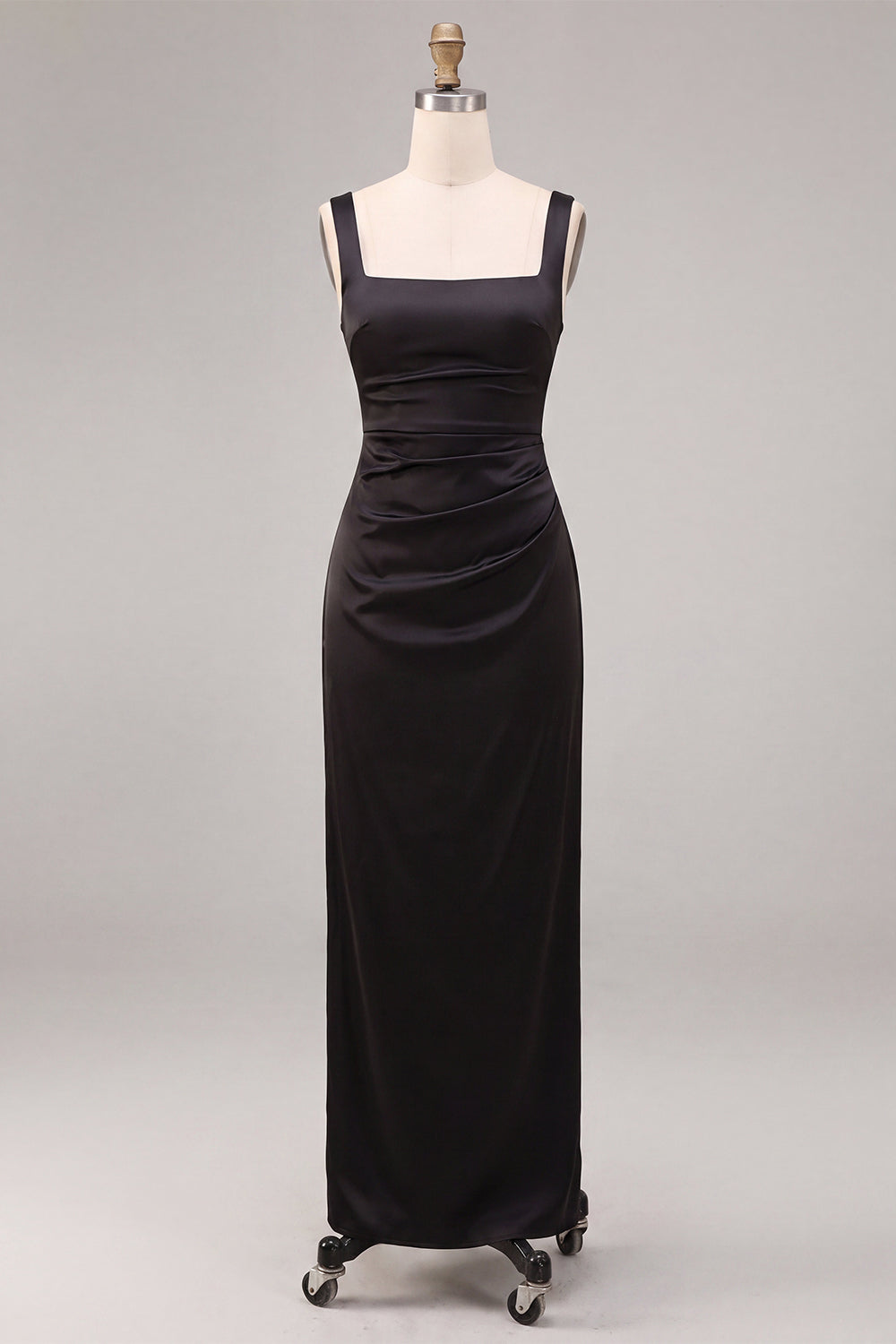 Black Sheath Satin Square Neck Ruched Long Formal Dress
