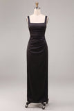 Black Sheath Satin Square Neck Ruched Long Formal Dress