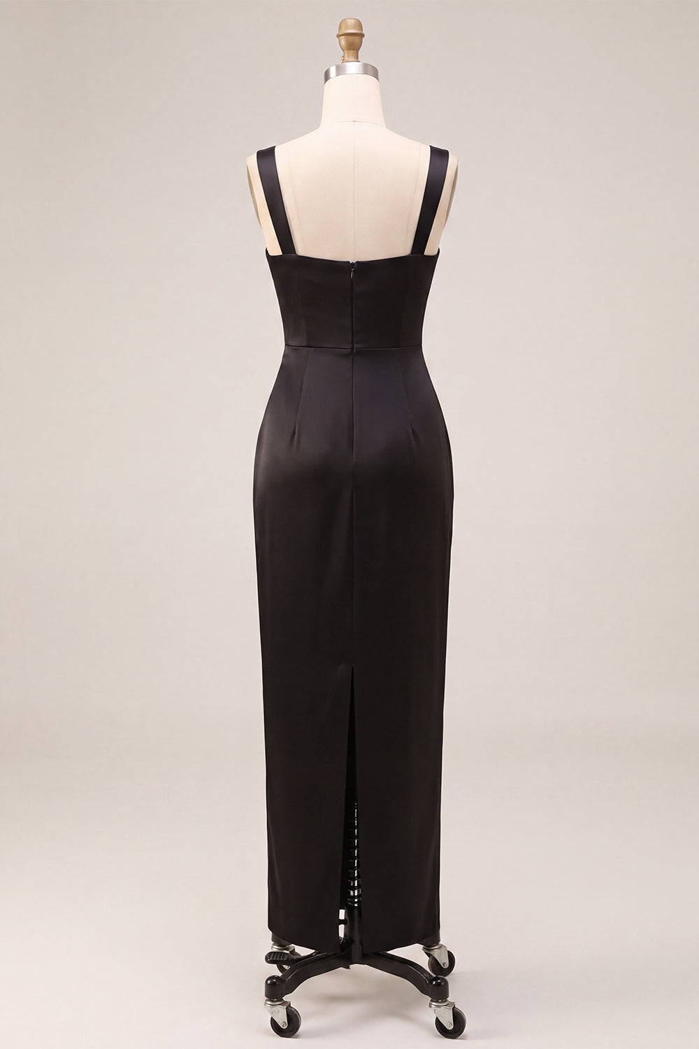 Black Sheath Satin Square Neck Ruched Long Formal Dress