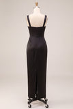 Black Sheath Satin Square Neck Ruched Long Formal Dress