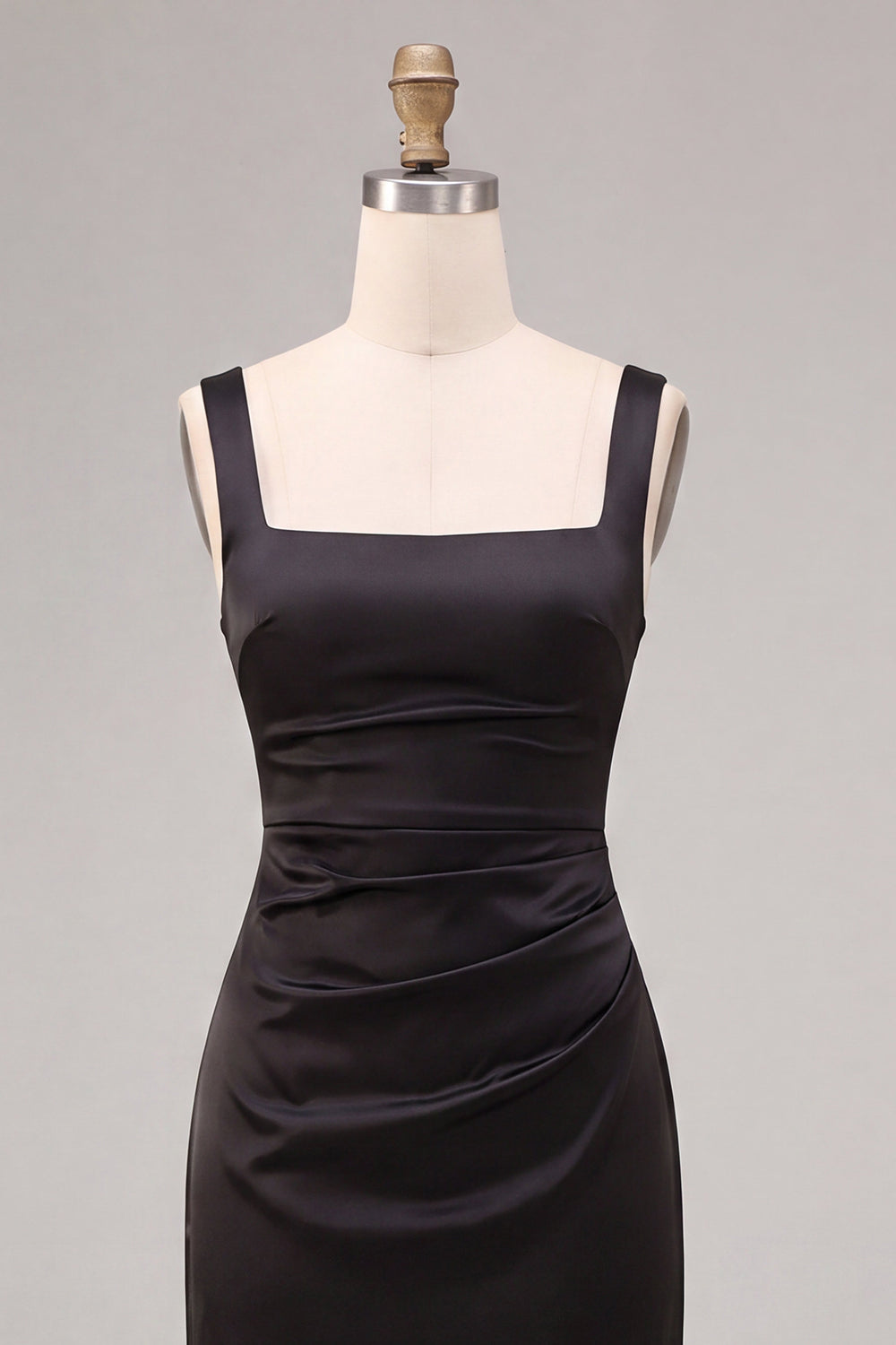 Black Sheath Satin Square Neck Ruched Long Formal Dress