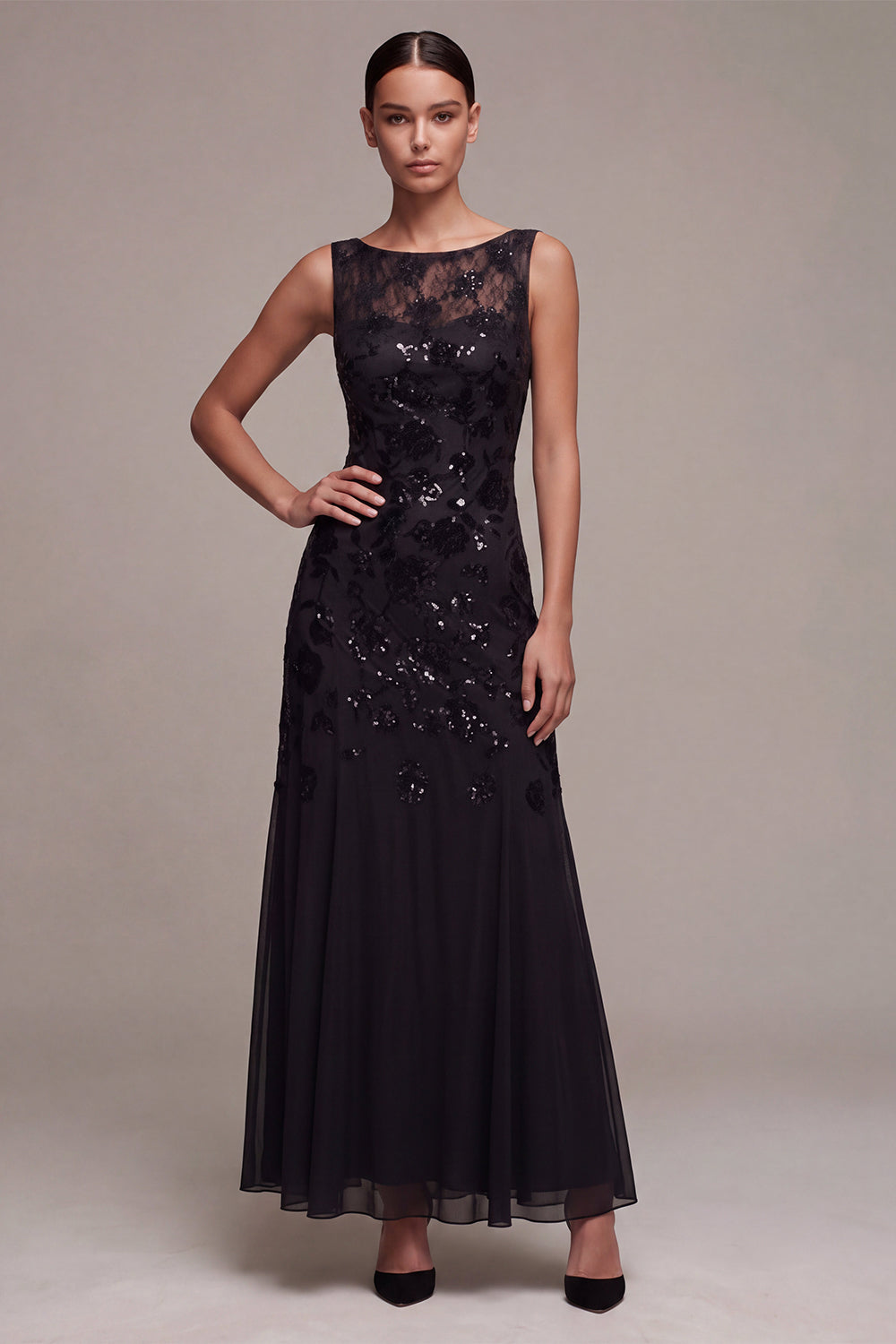 A Line Black Floral Sequin Sparkly Long Formal Dress