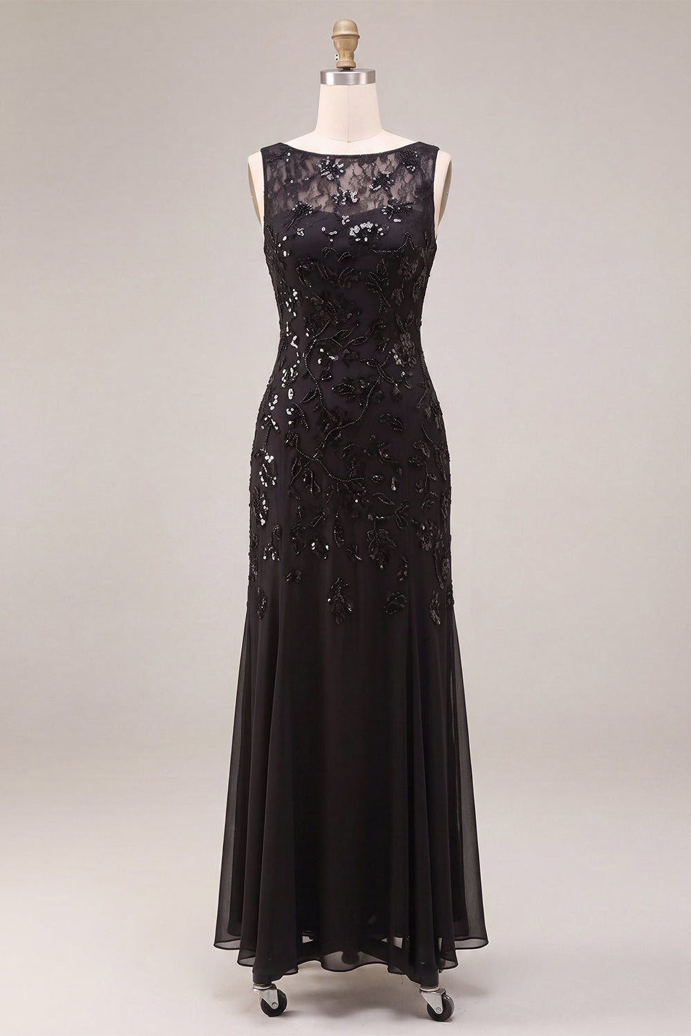 A Line Black Floral Sequin Sparkly Long Formal Dress
