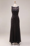 A Line Black Floral Sequin Sparkly Long Formal Dress