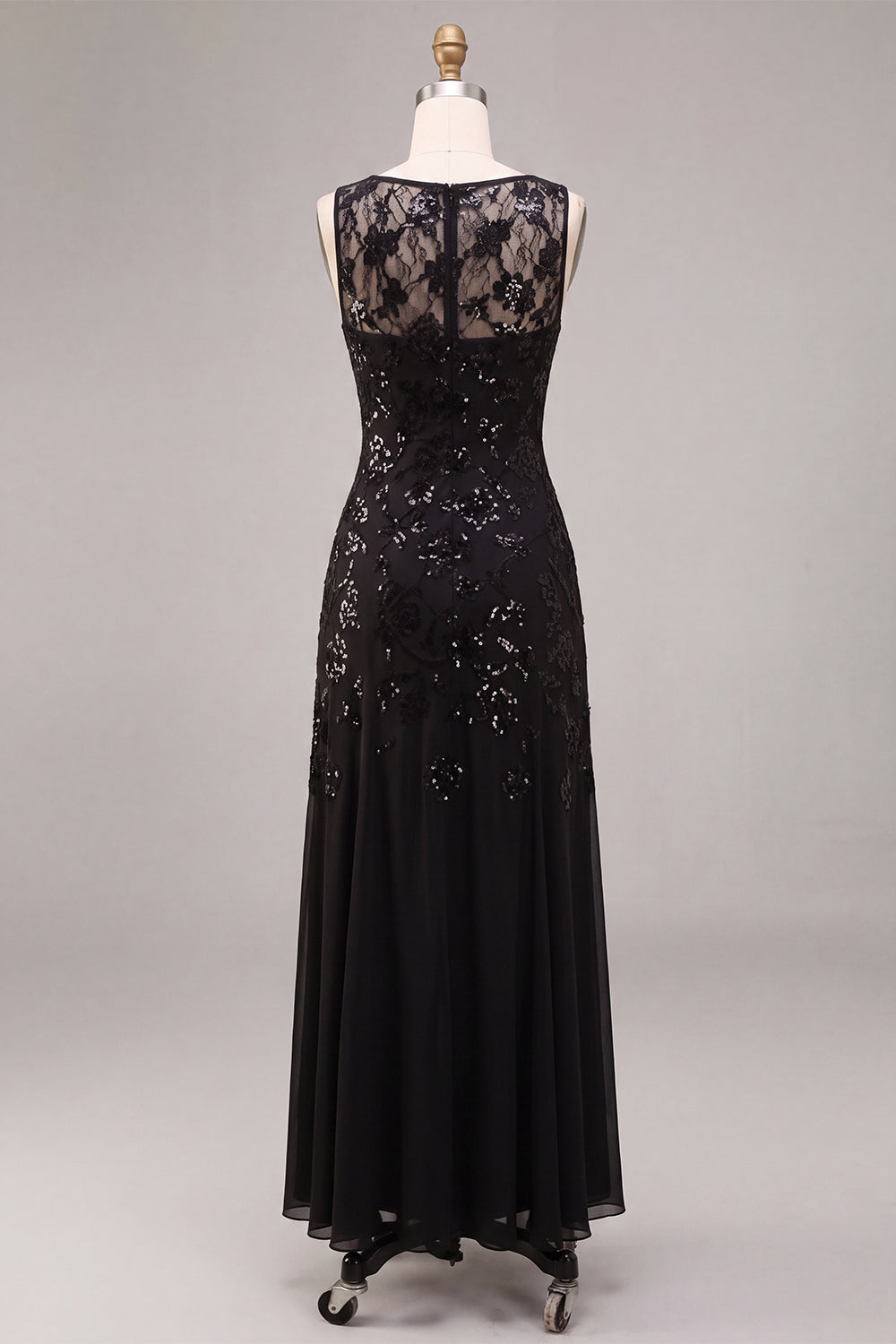 A Line Black Floral Sequin Sparkly Long Formal Dress