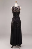 A Line Black Floral Sequin Sparkly Long Formal Dress