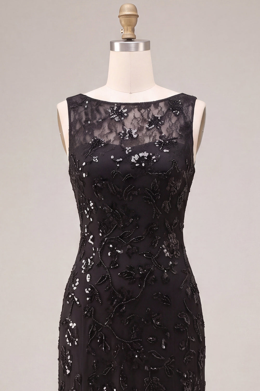 A Line Black Floral Sequin Sparkly Long Formal Dress
