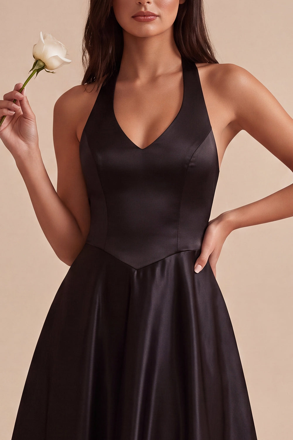 Black A Line Satin Halter Simple Long Formal Dress