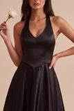 Black A Line Satin Halter Simple Long Formal Dress