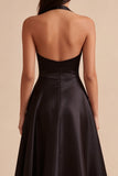 Black A Line Satin Halter Simple Long Formal Dress