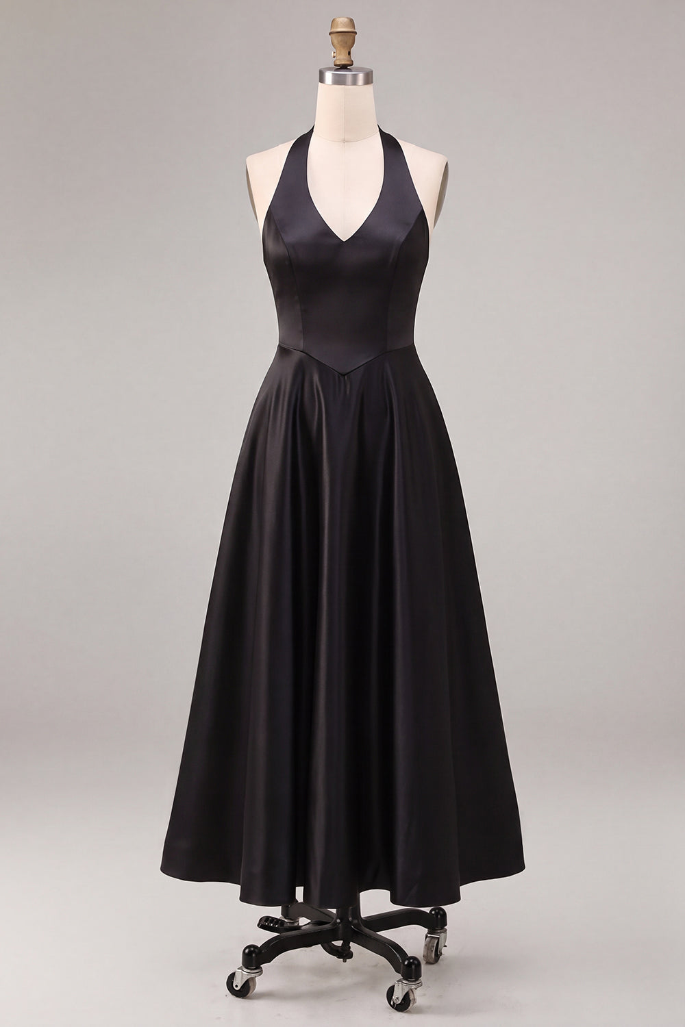 Black A Line Satin Halter Simple Long Formal Dress