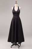Black A Line Satin Halter Simple Long Formal Dress