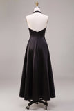 Black A Line Satin Halter Simple Long Formal Dress