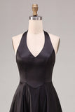 Black A Line Satin Halter Simple Long Formal Dress
