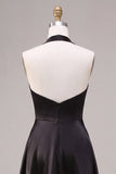 Black A Line Satin Halter Simple Long Formal Dress