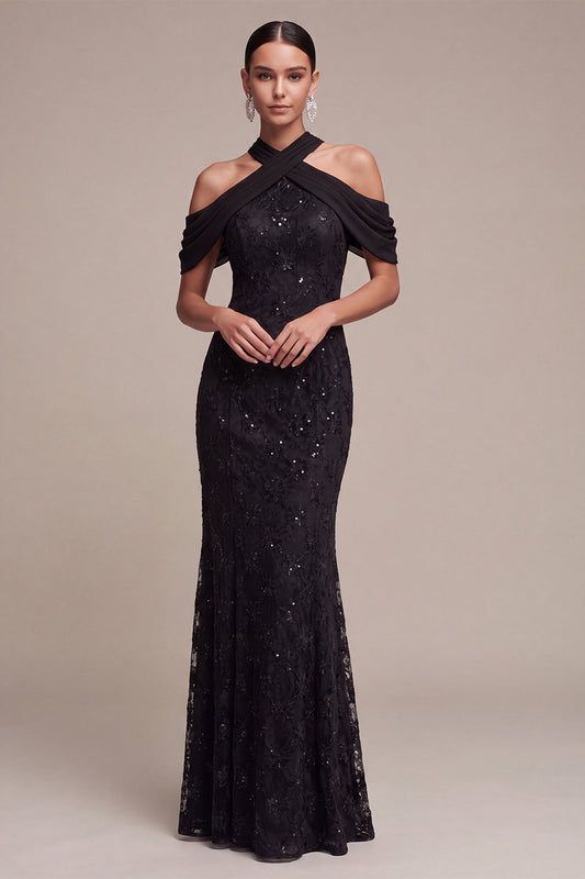 Black Mermaid Sequin Sparkly Cold Shoulder Long Formal Dress