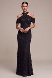 Black Mermaid Sequin Sparkly Cold Shoulder Long Formal Dress