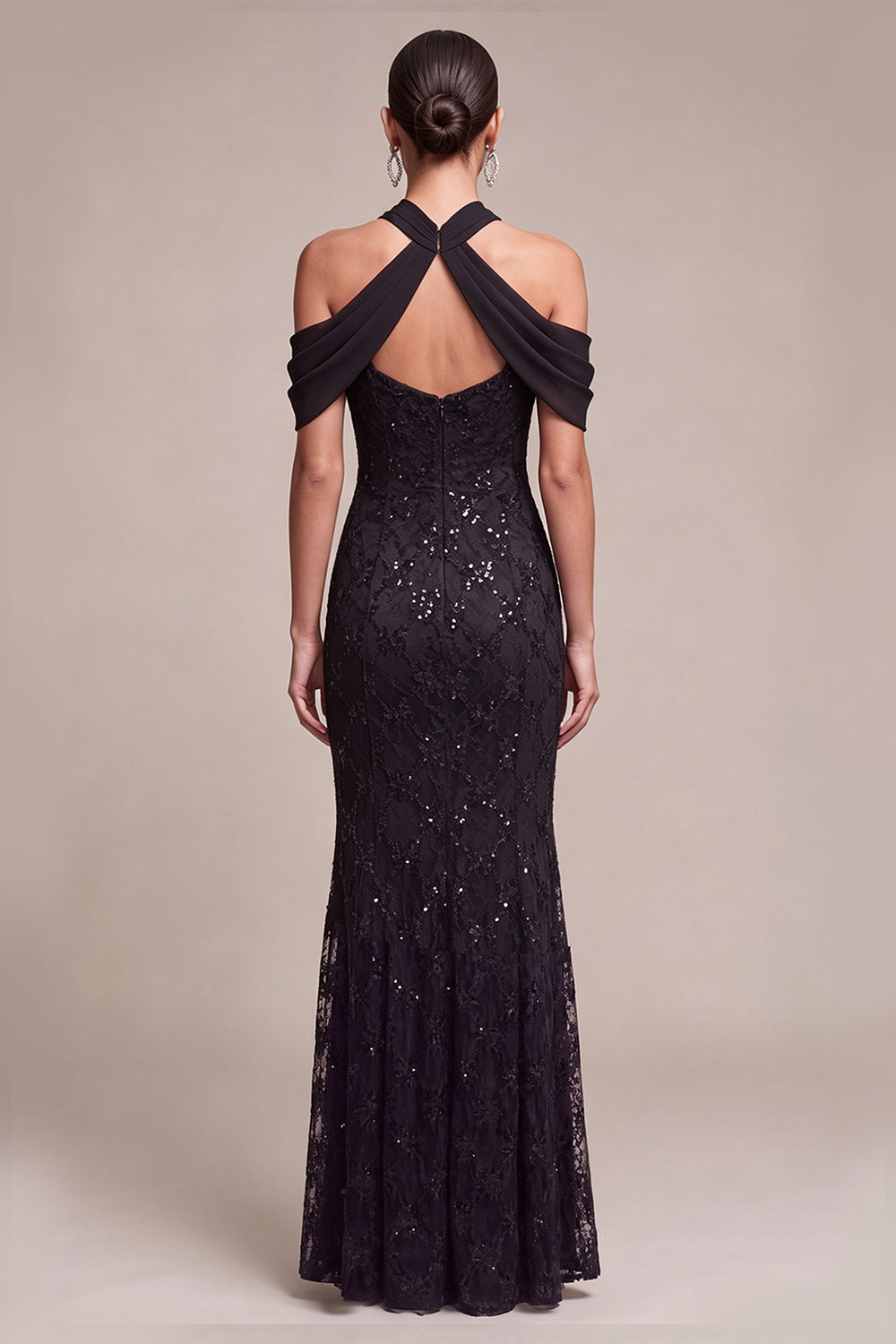 Black Mermaid Sequin Sparkly Cold Shoulder Long Formal Dress