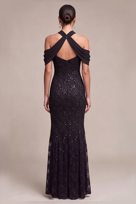 Black Mermaid Sequin Sparkly Cold Shoulder Long Formal Dress