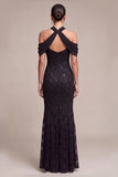 Black Mermaid Sequin Sparkly Cold Shoulder Long Formal Dress