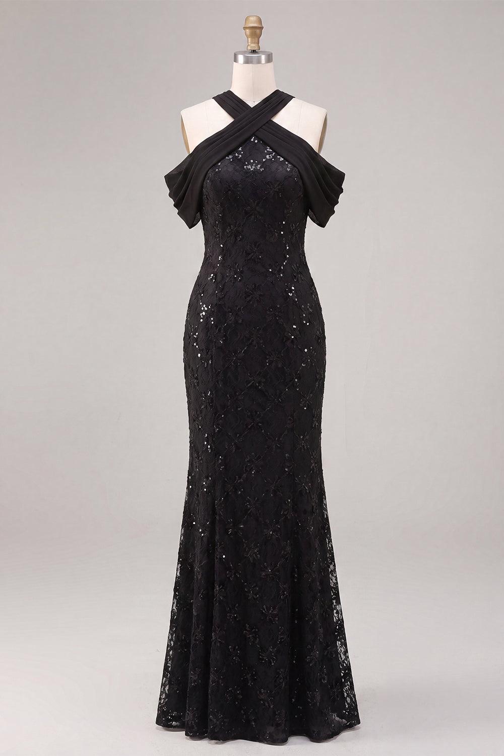 Black Mermaid Sequin Sparkly Cold Shoulder Long Formal Dress