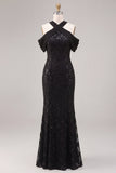 Black Mermaid Sequin Sparkly Cold Shoulder Long Formal Dress