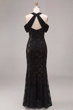 Black Mermaid Sequin Sparkly Cold Shoulder Long Formal Dress