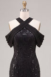 Black Mermaid Sequin Sparkly Cold Shoulder Long Formal Dress
