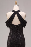 Black Mermaid Sequin Sparkly Cold Shoulder Long Formal Dress